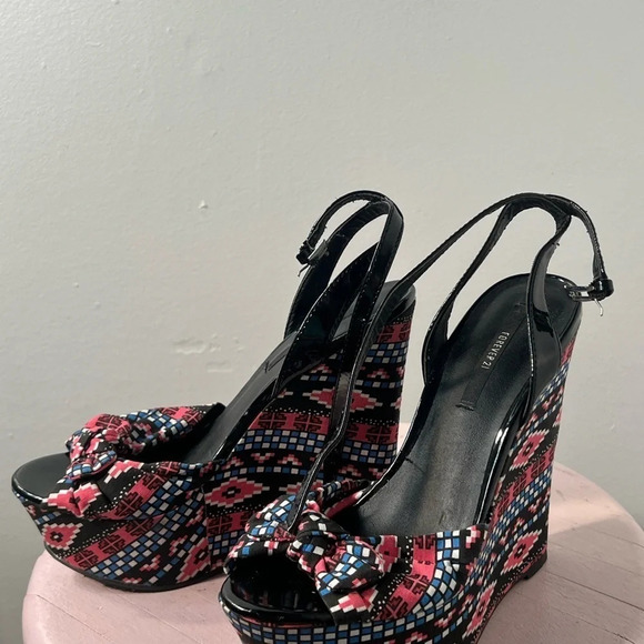 Forever 21,  6” wedge multi color block print  shoes 7 w/ankle strap tie - Picture 3 of 11